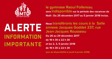 GYMNASE RAOUL FOLLEREAU INDISPONIBLE DURANT LES VACANCES DE NOËL